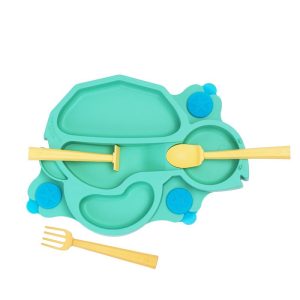 Constructive Eating Turtle Theme Divided Suction Training Plate and Utensils for Kids and Toddlers
