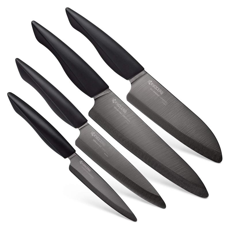 Kyocera INNOVATIONblack 4-Piece Ceramic Knife Set, 4.5-Inch Utility, 5-Inch Slicing, 5.5-Inch Santoku, & 7-Inch Chef's Knife