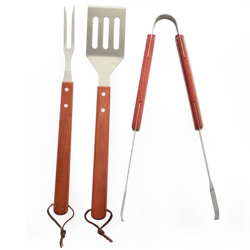 Norpro Stainless Steel and Wood 3 Piece BBQ Set with Spatula, Tongs, and Fork