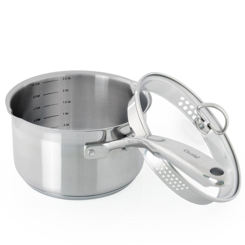 Chantal Induction 21 Steel 2.5 qt. Pour-Spout Saucepan w/ Strainer Glass Lid