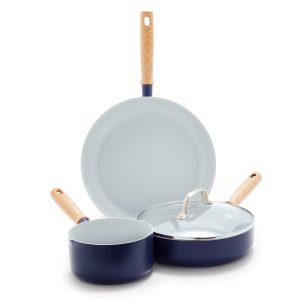 GreenPan Mid Century Modern Healthy Ceramic Cookware Set, 12-Inch Fry Pan, 1.6 Qt Saucepan, 2.8 Qt Saute Pan, Navy Blue