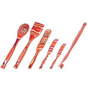 Island Bamboo 6-Piece Pakkawood Utensil Set - Spurtles, Spoon, Spatula & Oven Puller, Red