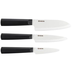 Kyocera INNOVATIONwhite 3 Piece Ceramic Knife Set, 5.5" Santoku, 4.5" Utility, 3" Paring, Black