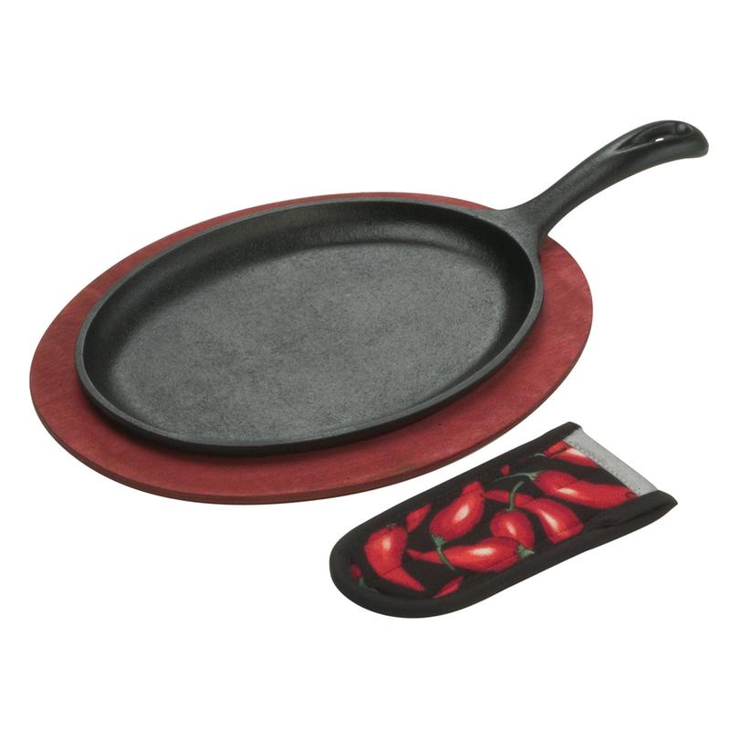 Lodge Cast Iron Fajita Set With Wooden Trivet & Handle Holder