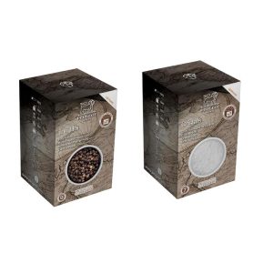 Peugeot Salt & Pepper Sachet Bundle  14 Sachets Total  Tan Hoi Black Peppercorns (7 x 20g) & Coarse Dry White Salt (7 x 50g)