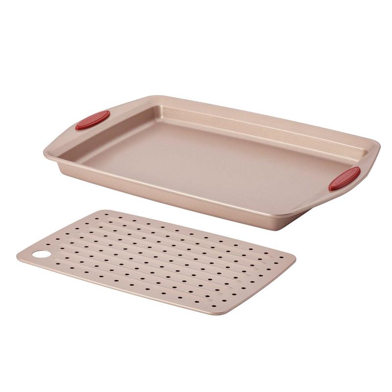 Rachael Ray Cucina 2 Piece Crisper Pan Set, Red Handles