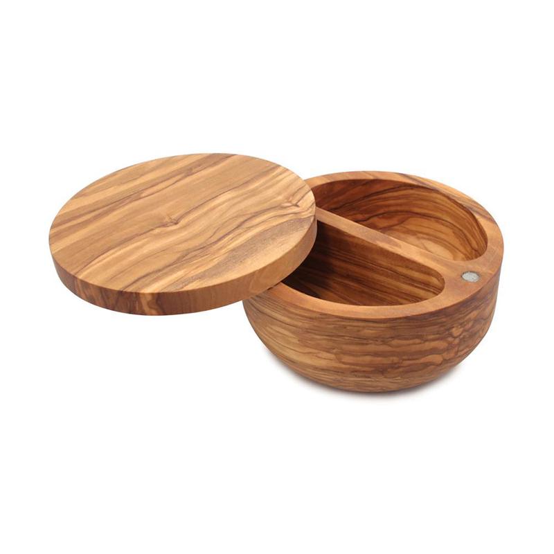 Swissmar Palermo Dual Bin Olive Wood Salt Keeper With Magnetic Swivel Lid