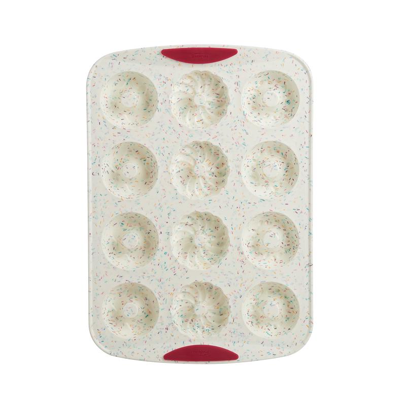 Trudeau Structure Silicone 12 Cavity Decorated Donut Pan, Confetti/Fuchsia