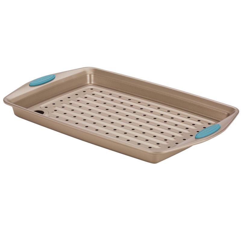 Rachael Ray Cucina Nonstick Bakeware Crisper Pan Set, 2-Piece, Latte Brown with Agave Blue Handle Grips