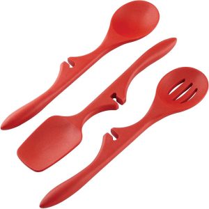 Rachael Ray Nonstick Utensils/Lazy Spoonula, Solid and Slotted Spoon, 3 Piece Set, Red