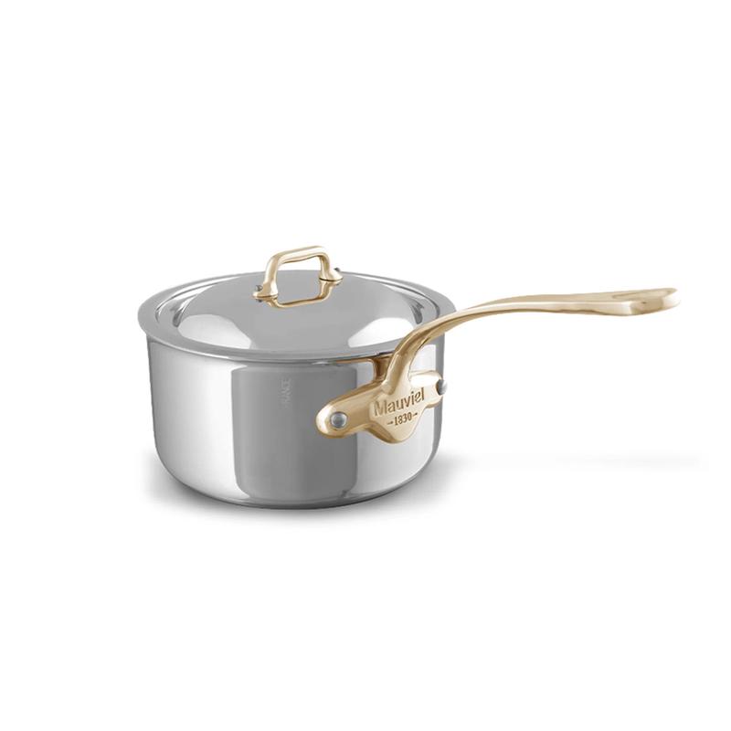 Mauviel M'Cook B 5-Ply Polished Stainless Steel Sauce Pan With Lid, And Brass Handle, 1.8-qt, Made In France