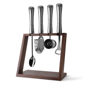 Final Touch 4 Piece Bar Tool Set with Stand - Black Chrome Metal Handles