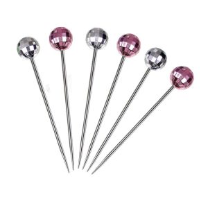 Prodyne Disco Ball Cocktail Picks, 3 Pink + 3 Silver Heads, Set of 6