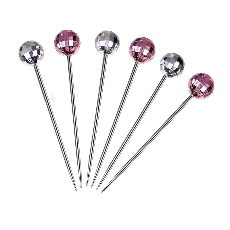 Prodyne Disco Ball Cocktail Picks, 3 Pink + 3 Silver Heads, Set of 6