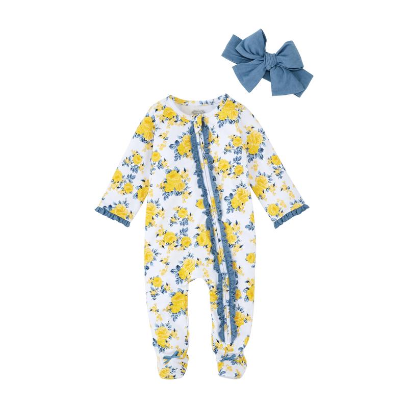 Mudpie Baby Blue Floral Sleeper & Headband Set 0-3M